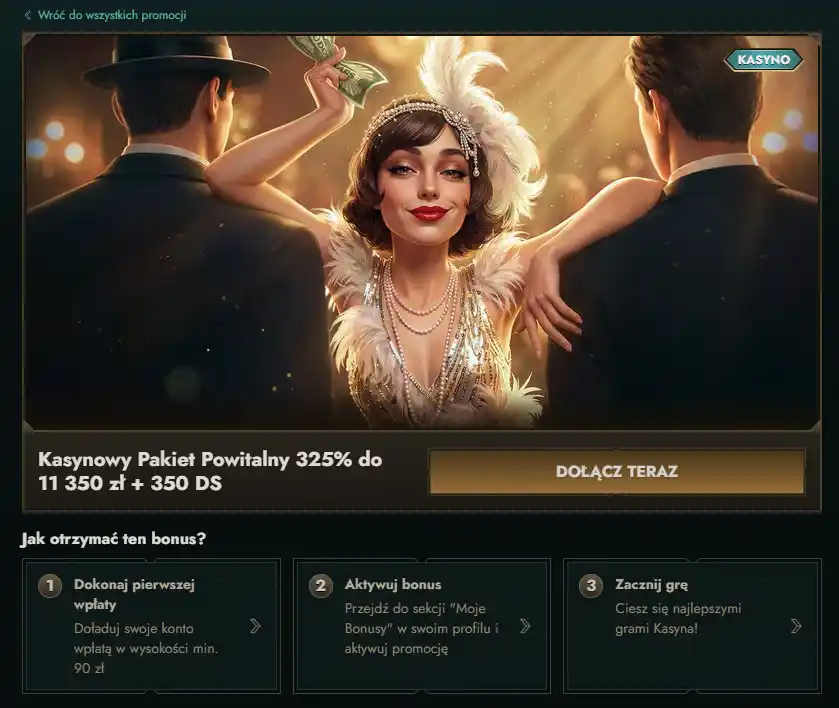 Aktualna strona pakietu powitalnego Dolly Casino z nagłówkiem i warunkami promocji