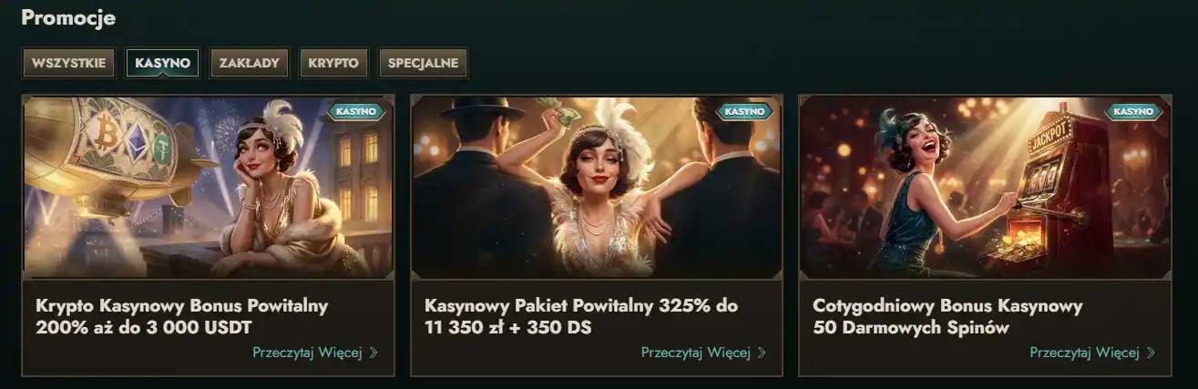 Aktualny indeks promocji Dolly Casino z kategoriami kasyno, sport, krypto i specjalne