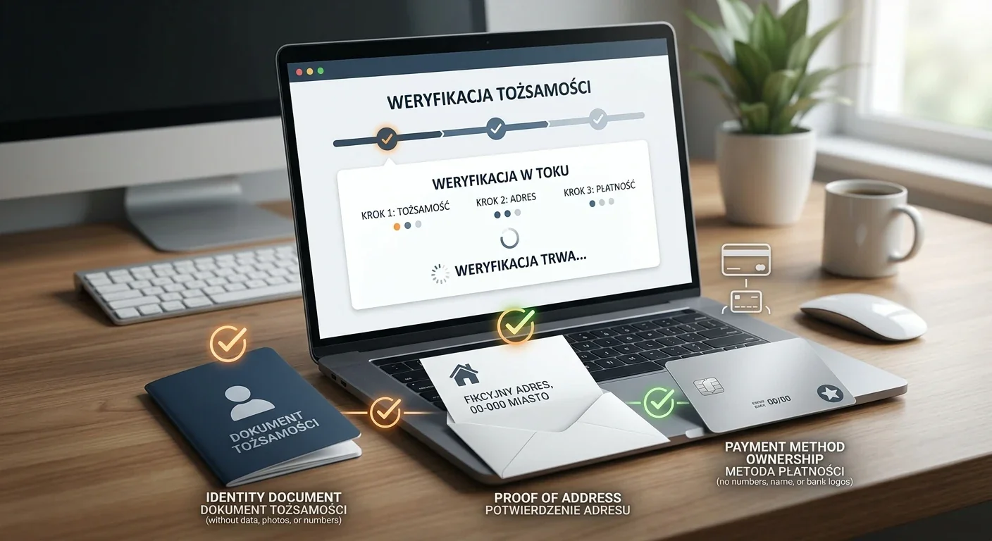 Neutralna ilustracja procesu KYC z dokumentem tożsamości, adresem i metodą płatności