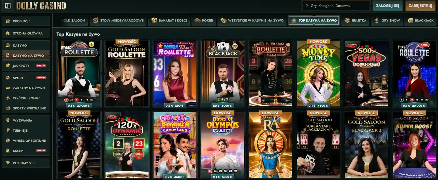 Lobby kasyna na żywo Dolly Casino z kategoriami stołów i transmisji